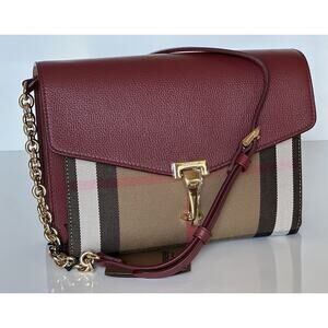 NWT Burberry Small Macken House Check Leather Cross Body Bag Crimson 8080159